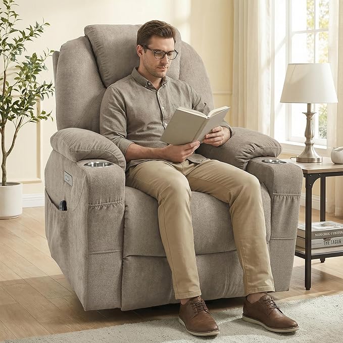 Power Lift Chair with Massage &amp Heat Electric Recliner Chairs for Adults Remote Control Sofa for Living Room Standing Assistance USB Ports Stainless Steel Cup Holders (Chenille Khaki)