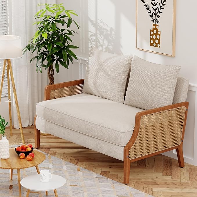 Loveseat Sofa Couches with Rattan Arms and Pillows for Living Dining Room Bedroom Office Entryway Small Spaces Ivory