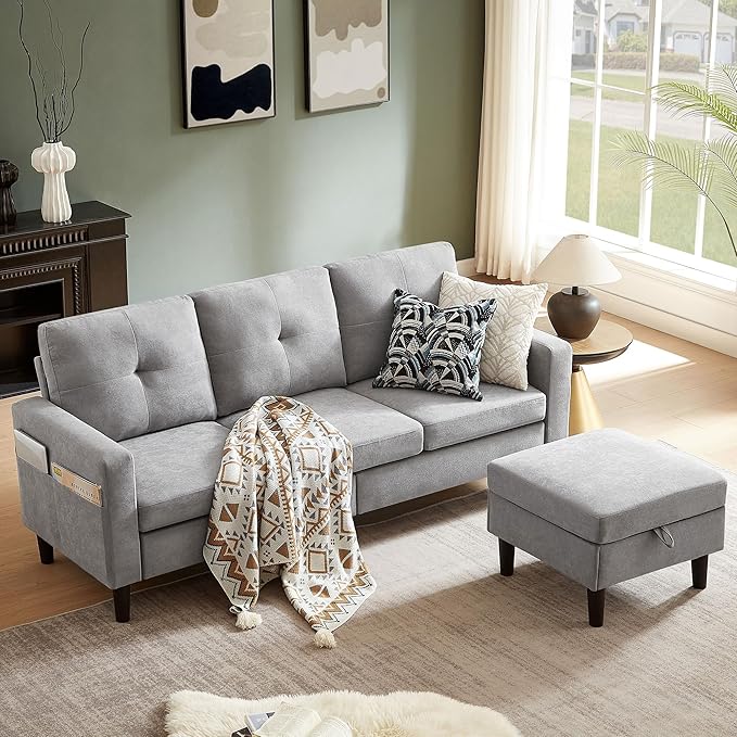 79 Convertible Sectional Sofa Small L Shaped 3 Seat Couch with Storage Chaise and Side Pocket Modern Linen Fabric Reversible Sofa Couches for Living Room Apartment and Small Space