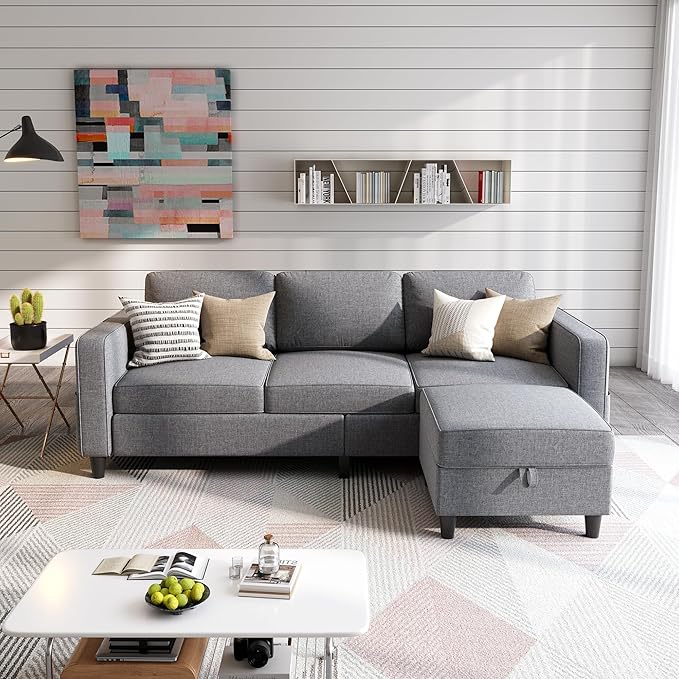 Sectional Sofas Couches for Living Room 78 L-Shaped Couch - Modern Linen Grey Sofa with Storage Ottoman for Apartments Studios &amp Home Offices Small Space