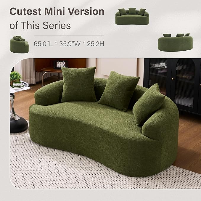 Loveseat Sectional Sofa for Living Room 65’’ Modern Luxury Plush Chenille Extra Deep Seat Curved Cloud Floor Couch with 3 Throw Pillows for Small Spaces No Assembly Needed Sage Green