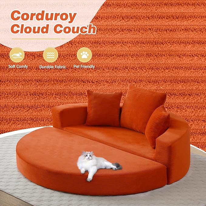 67” Oversized Round Sofa Bed 2 in 1 Convertible Circle Bed Folding Futon Lazy Floor Round Chaise Lounge Chair Comfy Corduroy Boneless Loveseat Couch for Living Room Apartment No Assembly (Orange)