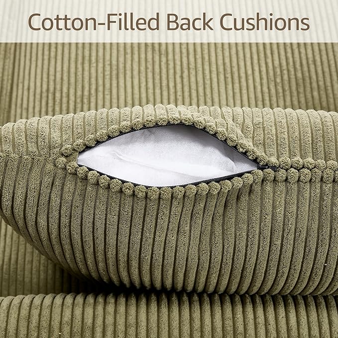 Modern Corduroy Sofa 88.5 inch Wide Living Room Couch with Wide Arms 3-Seater Living Room Couch with Throw Pillows Olive Green