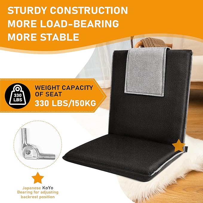 Floor Chair with Back Support 14-Position Adjustable Floor Chair Portable Ground Seating for Adults &amp Kids Foldable Meditation Seat with Japanese KOYO Bearings &amp Washable Linen Cover (Black)