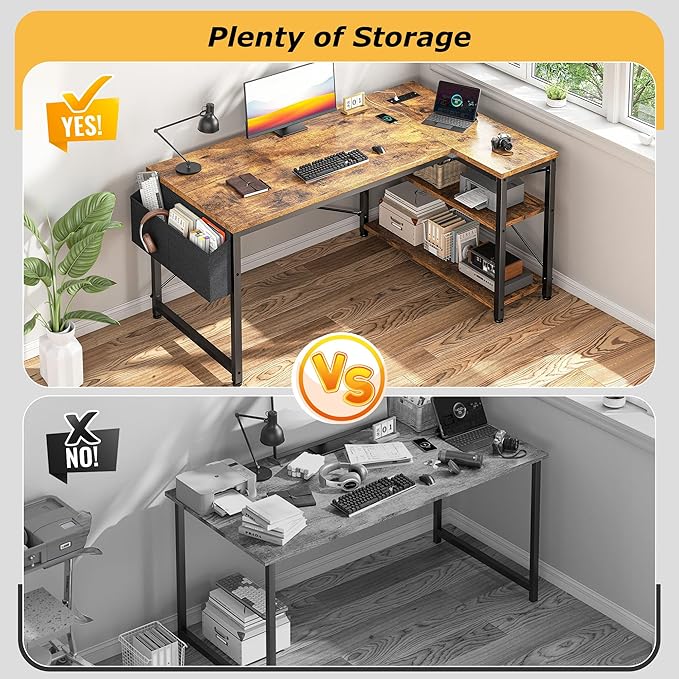EnHomee Small Computer Gaming Desk with Storage Shelves &amp Side Bag 40 Inch L Shaped Desk with Power Outlets Corner Desk Study Writing Table for Home Office Bedroom Living Room Brown