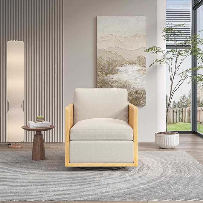 Swivel Barrel Chair Premium Rattan Comfy Round Accent Chair for Living Room Mid Century Modern Reading Chair for Adults Bedroom Side Chairs for Small Spaces Armchair for Home/Office/Cream Linen