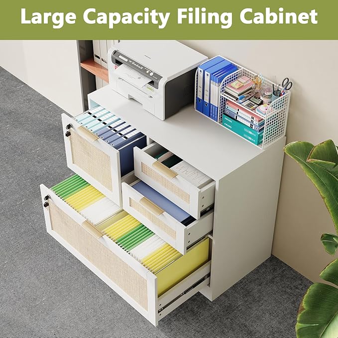 HOPUBUY Lockable 4 Drawers File Cabinet Lateral Filing Cabinet with Printer Stand for Home Office and School Wood Rattan File Cabinet for Hanging Files/Letter/Legal/A4/F4 Size White