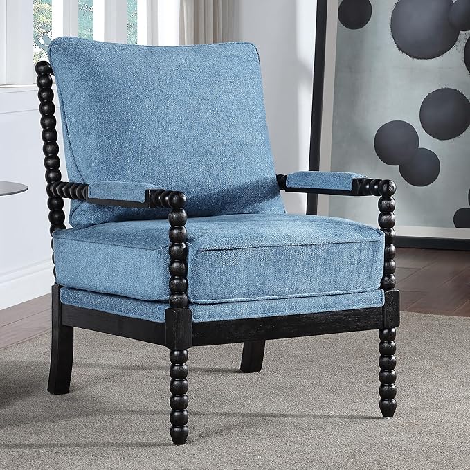 DUHOME Linen Fabric Spindle Accent Chair with Wood FrameModern Accent Spool Chairs with Padded Spring Seat and Brushed Blue Base for Living Room Bedroom Farmhouse Home Office Belcony