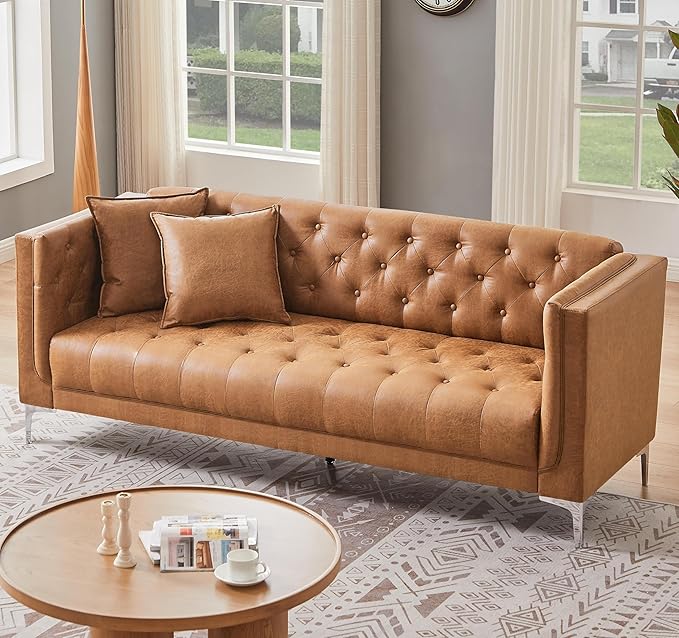 HIFIT 2 Piece Sofa Set for Living Room Modern Sofas Couches with 2 Pillows Button Tufted Couch with Extra Deep Seats 3 Seat Sofa for Apartment Lounge Brown