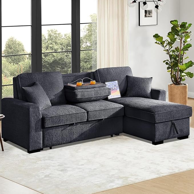 INSTORY Sectional Sleeper Sofa with Pull-Out Bed Drop-Down Table USB &ampType-C Port Cup Holders Dark Gray