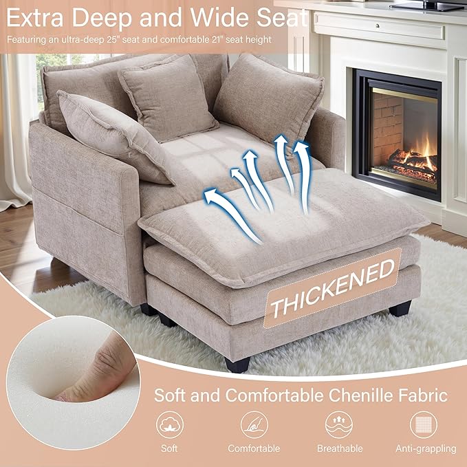 Winterstorm Chenille Oversized Chair with Ottoman - 40 W Comfy Accent Chair and Ottoman Set Single Large Cloud Sofa Armchair with Extra Deep Seat for Apartment Living Room (Khaki)