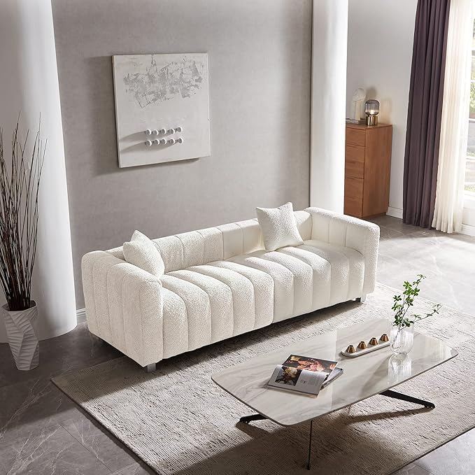87.4'' Modern 3-Seater Sofa Bubble Couch for Living Room Premium Teddy Velvet Deep Seat Sofa Couch Fluffy Loveseat Sofa with 6 Metal Base Legs for Bedroom/Home/Office (White)