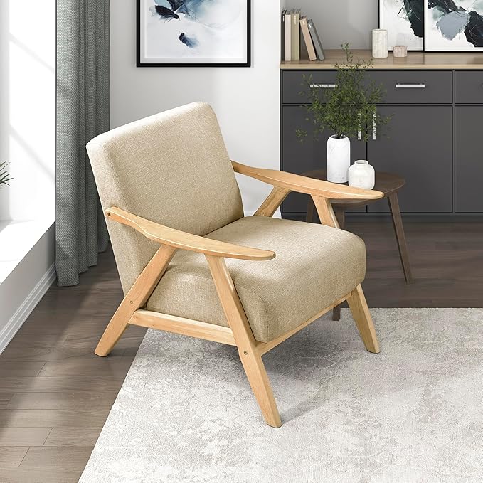 Lexicon Mid Century Modern Accent Chair with Solid Wood Frame in Natural Finish Textured Fabric Living Room Lounge Arm Chair Thick and Comfy Innerspring Seat Cushion Linen-Look Fabric Light Brown