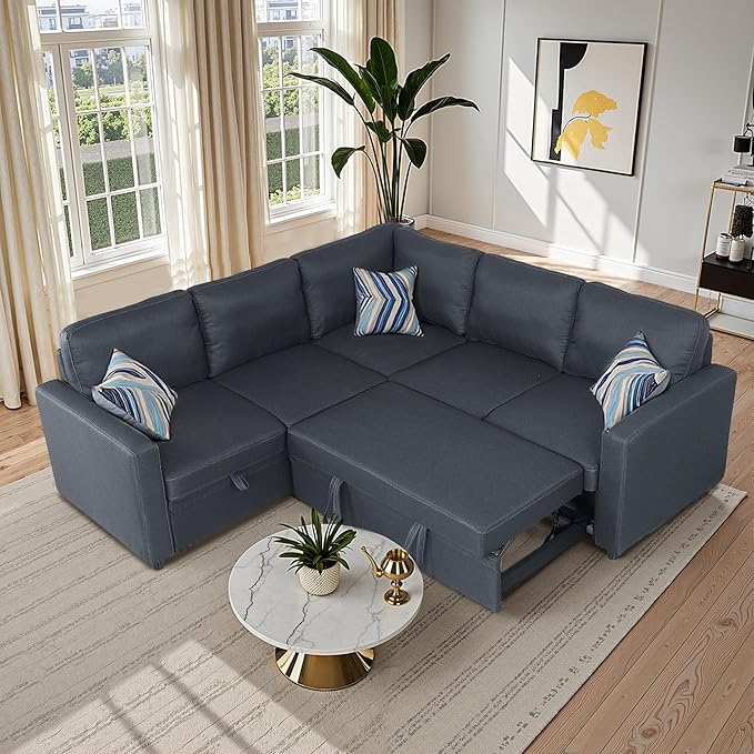 Sleeper Sofa Couch with Pull Out Bed L Shaped Couch Bed with Storage Sectional Sleep Couches Convertible Sleeper Sofa Beds W/Reversible Chaise&ampBack Cushion for Living Room Grey