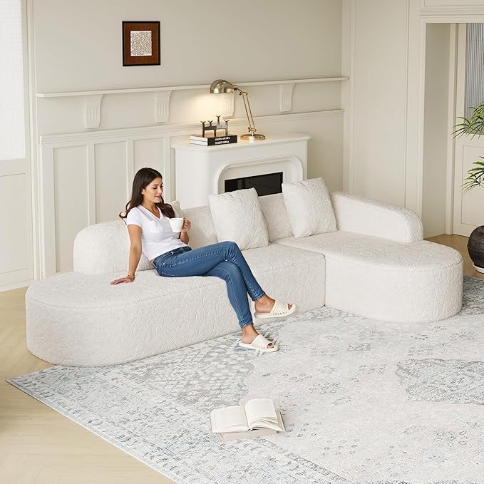 111.8' Curved Sectional Cloud Sofa Modern L Shaped Couch with Chaise &amp Pillows Comfy Upholstered Deep Seat Compression Boneless Sofa for Living Room Office No Assembly Required Right Facing W