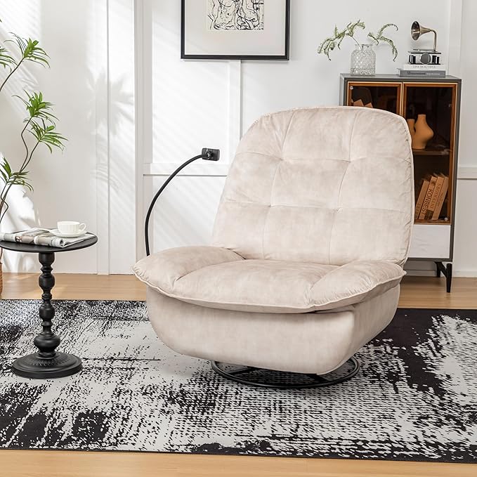 JOSHEN 41 Modern Velvet Reclining Lazy ChairLarge Reading ChairSwivel Gliding Rocking Chair with Mobile Phone Holder for Living RoomBedroomIvory