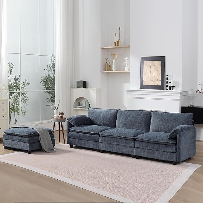 108 Cloud Sectional Couches for Living Room Convertible L Shaped Modular Sectional Sofa with Movable Ottoman 3-Seat Chenille Cloud Couch with Deep Seat for Bedroom Office Apartment Blue