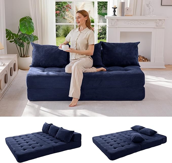 MAXYOYO Folding Sofa Couch Convertible Floor Sleeper Couch with 3 Pillows Tufted Floor Oversized Loveseat Couch Tufted Fold Out Chair Bed Comfy Sofa Lounge for Living Room Bedroom Navy