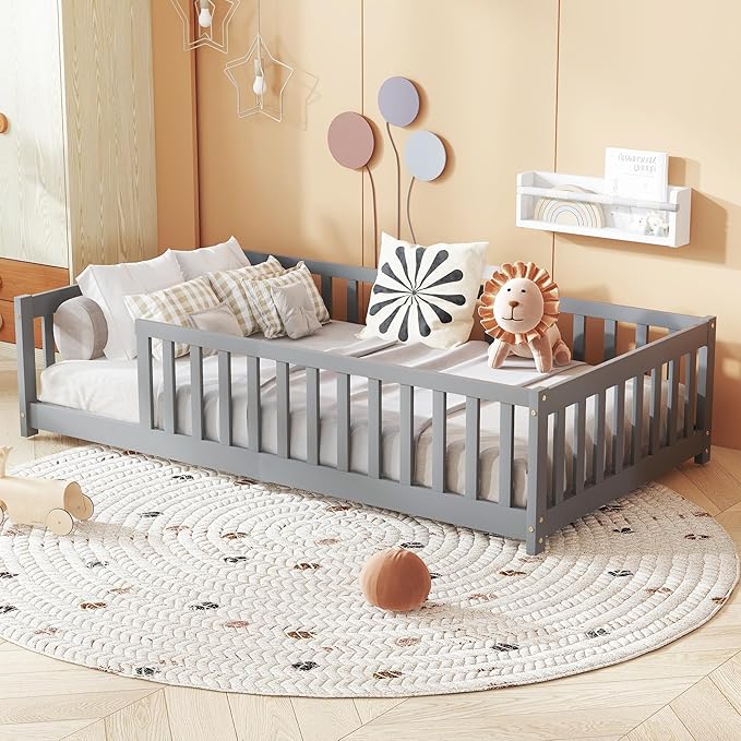 Bellemave Twin Floor Bed with Slats and Guardrails Wood Montessori Floor Beds with Fence Easy Assemble Floor Bed for Kids Girls Boys Gary