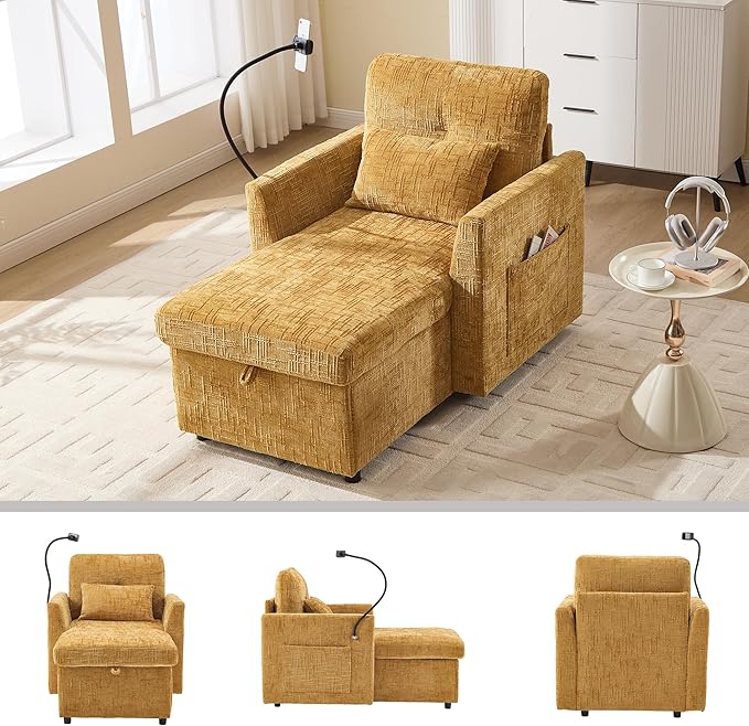 Multifunctional Sofa Recliner Chairs with Storage Cell Phone Bracket Chenille Recliner Chair Bed with Side Pockets and High Backrest Modern Living Room Single Lounge Chair (Mustard Yellow)