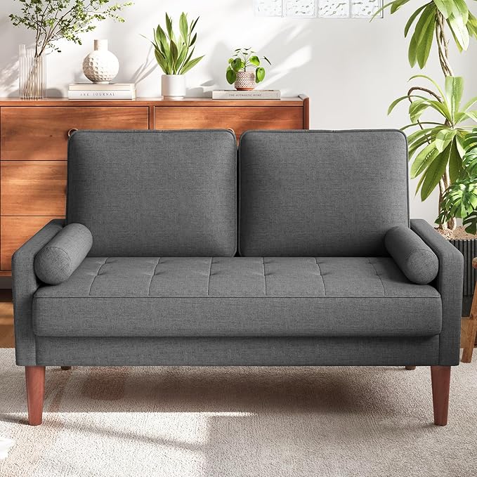 Vesgantti Loveseat Sofa with Solid Wood Legs 48 Small Couches for Small Spaces Love Seat for Living Room Bedroom Easy Assembly Mid Century Modern Couch with Throw Pillow for Apartment Grey
