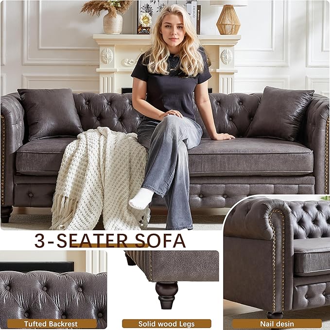 2 Piece Mid Century Modern Couch Set Retro Button Tufted Chesterfield Sofa muebles para la sala Comfy Deep Seat Upholstered Office Furniture Living Room Sofas Set (Leather Gray Couch and Loveseat)
