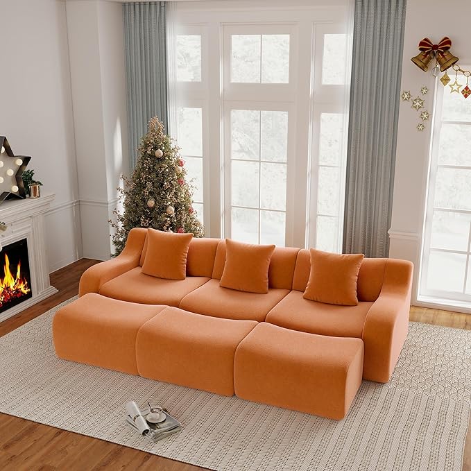 115.3 Inches Sectional Boneless Cloud Couch Super Soft Comfortable Curved Armrest Deep Seat Sofa with Pillow and Ottoman Sectional Couches for Living Room No Assembly Required