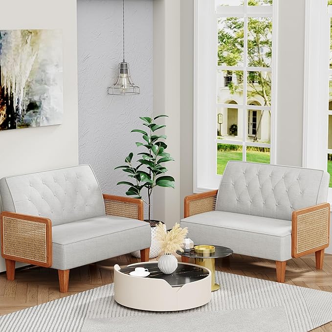 Love Seat Settee Mini Couch Upholstered Sofa with Natural Rattan Armrest Backrest Button Tufted Buckle Couch Banquette Bench Loveseat for Dining Living Room Bedroom Light Grey