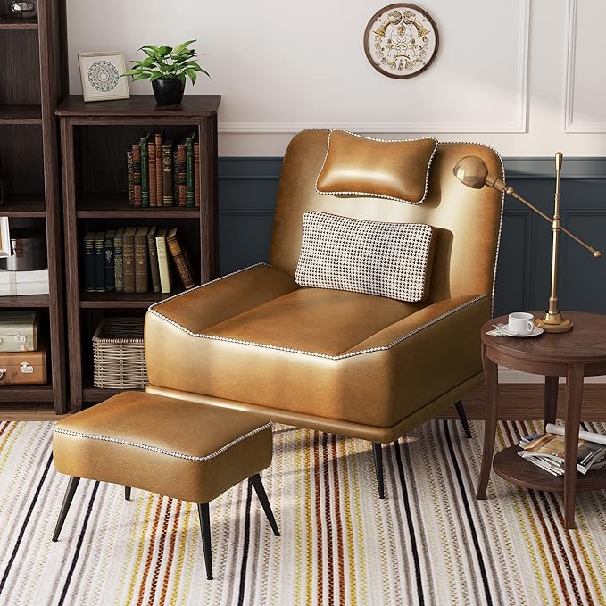 Yongqiang 35 Accent Chair with Ottoman Mid Century Modern Upholstered Faux Leather Chairs for Living Room Bedroom Lounge Chair Armless Sofa Chair and Ottoman Brown