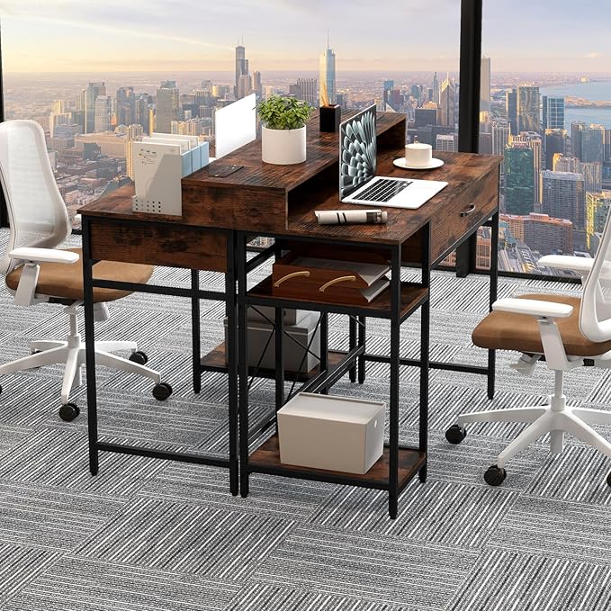 Tangkula Small Computer Desk with Power Outlets 42 Writing Desk with Hutch Drawer &amp 2 Open Shelves Gaming Table with Heavy-Duty Metal Frame for Home Office (Rustic Brown)