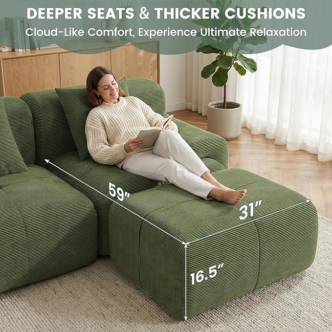 104 Boneless Couch with Ottoman Upholstered Flexible Modular Sectional Sofa Cloud Couch with Deep Seat &amp Pillows for Small Spaces Boneless Couches for Living Room No Assembly Required Green