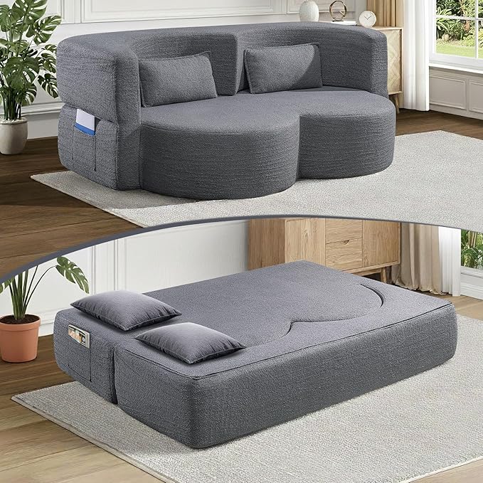 79 Inch Boneless Loveseat Sofa: 2-in-1 Convertible Teddy Velvet Cloud Double Sofa Minimalist Curved Cloud Sofa Bed for Living Room Apartment &amp Small Spaces (Gray)