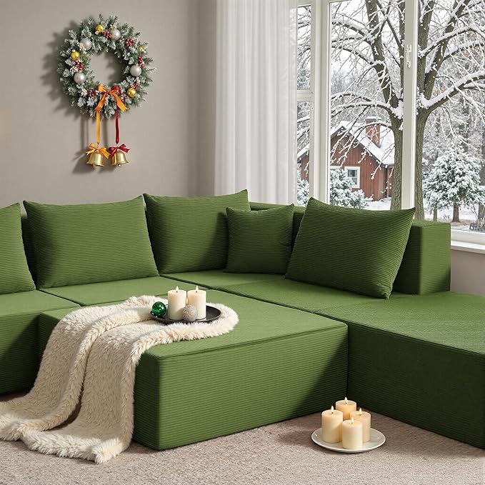 YINIX 140 Modular Sectional Sofa Couches Corduroy Sleeper Deep Seat Sofa Bed Comfy Cloud Couch for Living Room Floor Sofa 6 Piece Free Combination Compression No Assembly Required Green