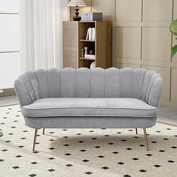 Mlmh &amp Kngwa Chenille Loveseat Sofa 59 2-Seater Couch Settee with Gold Metal Legs Comfy Upholstered Floral Small Sofa for Bedroom Living Room Apartment Light Gray
