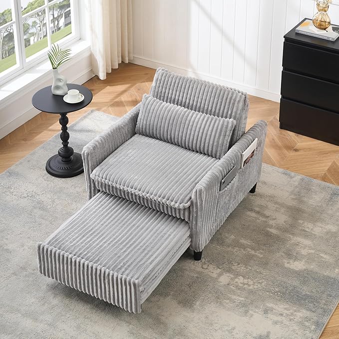 3-in-1 Convertible Sofa Chair BedPull Out Couch Single Sleeper Chair Bedwith Adjustable Backrest with Side Pockets Lounge Sofa for Living Room Bedroom Small Spaces (Gray)