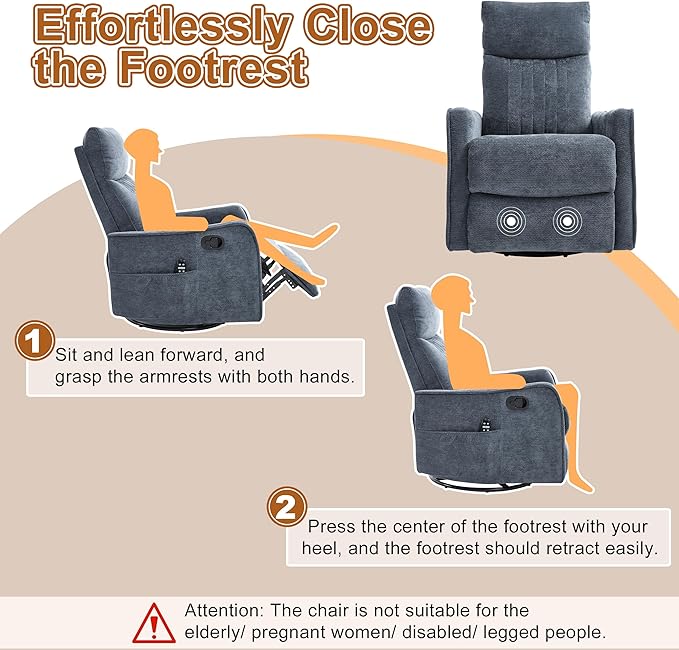 Manual Swivel Rocker Recliner Chair for Adults Overstuffed Recliner Glider with Massage and Heat Living Room Reclining Chair Fabric Blue