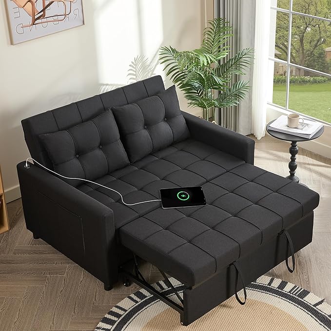 52 Sleeper Sofa with Pull-Out Bed 3-in-1 Convertible Sofa Bed Set of Loveseat with Stepless Adjustable Backrest and Side Pocket for Living Room Dorm Apartment Linen Black