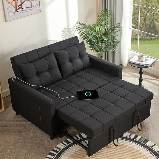 52 Sleeper Sofa with Pull-Out Bed 3-in-1 Convertible Sofa Bed Set of Loveseat with Stepless Adjustable Backrest and Side Pocket for Living Room Dorm Apartment Linen Black