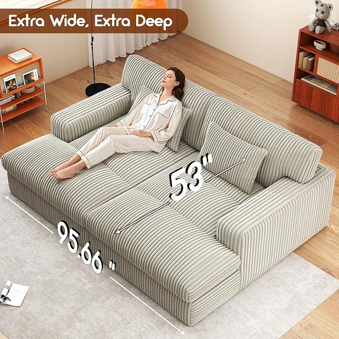 Cloud Couch Sofa Bed Oversized Chaise Lounge Chair Indoor 95.6” W Double Boneless Corduroy Upholstered Reading Chair Fluffy Sleeper Sofa Couches for Living Room No Assembly Required (Grey)