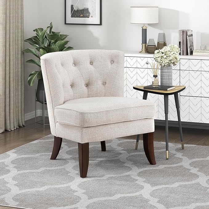 Lexicon Accent Chair Textured Fabric Upholstered Armless Chair with Solid Wood Legs Button Tufted Curved Back for Living Room/Bedroom/Office/Waiting Area Beige