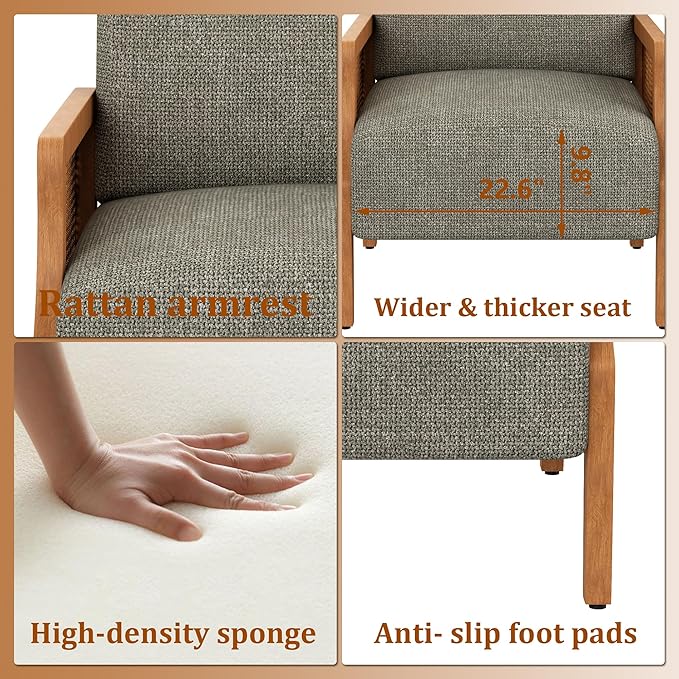 WENTMENT Modern Accent Chair Armchair with Natural Rattan Armrest Upholstered Living Room Chair Comfy Single Sofa Chair for Hosting Room/Bedroom Grey