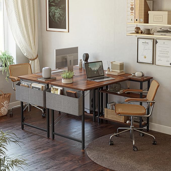 L Shaped Desk 55 Small Reversible Corner Computer Desk with Storage Shelves Home Office Desk Study Writing Table Deep Brown
