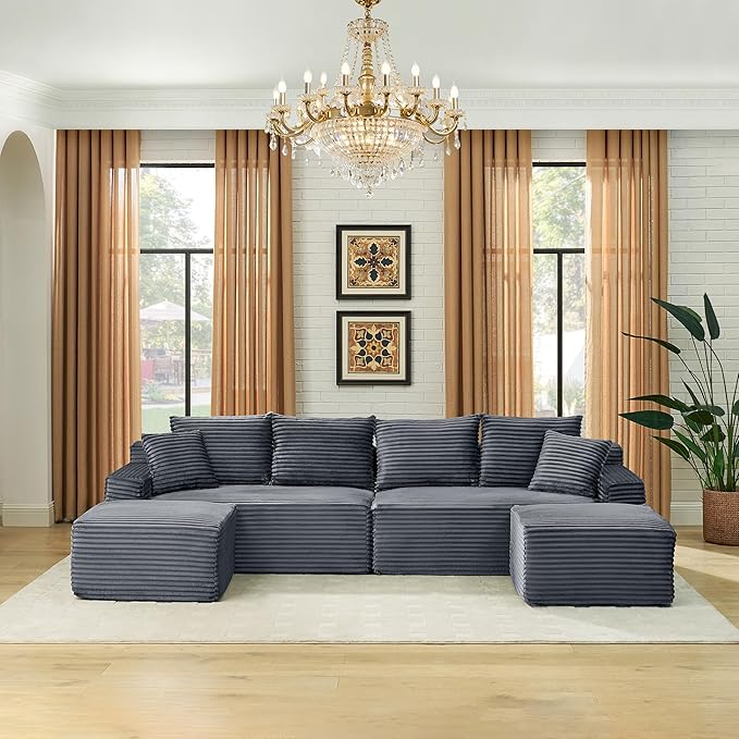 U-Shaped Cloud Sectional Couch Symmetrical Modular Compressed Boneless Sectional Sofa with Chaise Lounges Plush Corduroy Boneless Corner Sofa for Living Room