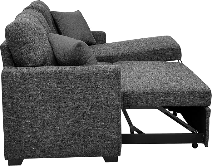 76 Linen Blend Convertible Sofa with Pull-Out Bed Stylish Sleeper Couch with Hidden Storage Space 3-Seater Couch with 2 Soft Pillows for Living Rooms Charcoal Black