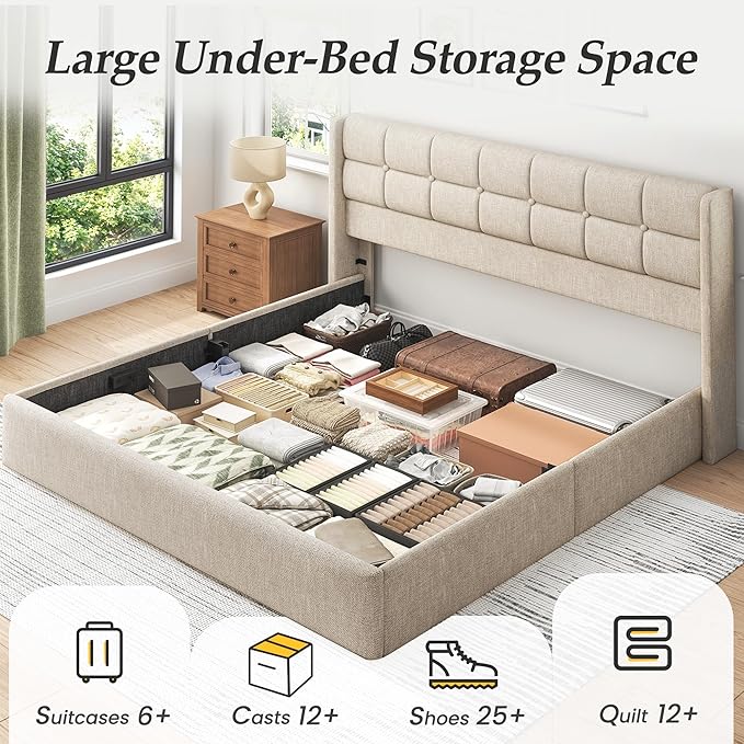 Lifezone King Size Lift Up Storage Bed Frame Linen Upholstered King Platform with Button Tufted Wingback Headboard and Under-Bed Storage Hydraulic Support No Box Spring Needed Noise Free Beige