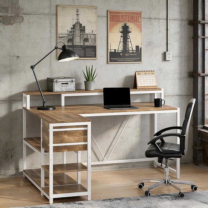 55 L Shaped Office Desk with Drawers &amp Storage Reversible Executive Office Desk with 4 Shelves Large Corner Computer Desk with Elevated Monitor Stand for Home Office Gaming (White+Oak)