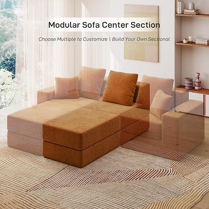 Living&ampGiving Cloud Sectional Couch for Living Room Modular Boneless Couch with 1 Ottoman Middle-seat Can Be Combined with Modular Sofa Customizable Layout for Any Space Orange