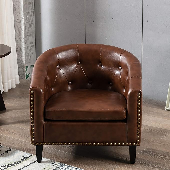 Generic PU Leather Tufted Barrel ChairTub Chair for Living Room Bedroom Club Chairs Dark Brown