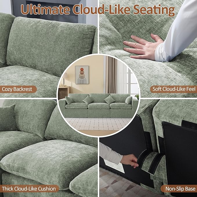 115''Cloud Boneless Sectional Couch Modular Sectional Sofa Deep Seat Oversized Upholstered Convertible Comfy 3 Seater Chenille Memory Foam Sofa Couches for Living Room Green