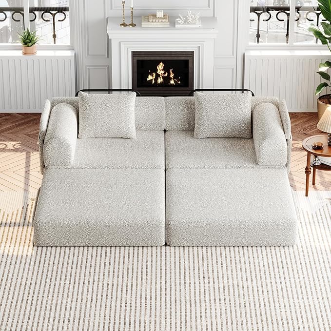 KINFFICT 72 inch Sectional Sleeper Sofa Modular Futon Folding Loveseat Floor Sofa Bed Convertible Comfy Chenille Memory Foam Couch Bed with Side Pockets for Guest Room Bedroom Living Room Beige